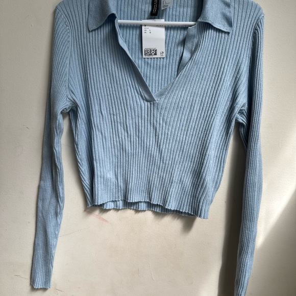 H & M - COLLARED RIB-KNIT TOP - BLUE size L - Picture 2 of 3